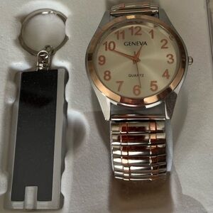 Geneva Two-Tone Silver and Gold Watch with Black Keychain Flashlight